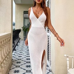 Women's Split Thigh Tie Knot Bikini Swimwear Cover Up Long Cami Dress