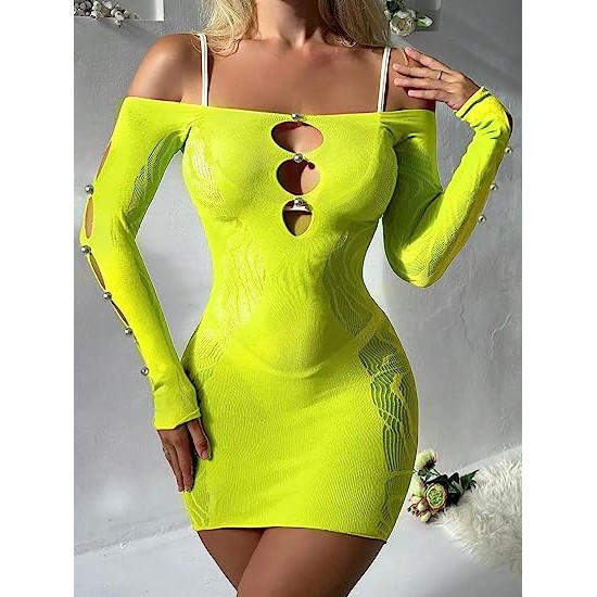 Women's Sheer Fishnet Cold Shoulder Cut Out Cover Up Sun Dresses