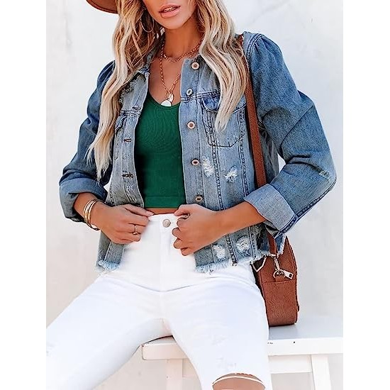 Womens Denim Jacket Distressed Frayed Ripped Jean Jacket