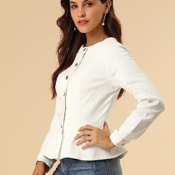 Collarless Round Neck Button Down Cropped Ruffle Hem Jacket