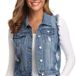 Women's Denim Distressed Classic Vest Cotton