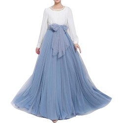 Tulle Skirt Floor Length A Line with Bowknot Belt High Waisted