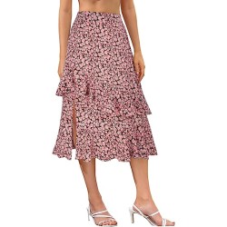 Boho Floral Printed Side Split Elastic High Waist Ruffle Layered Midi Skirt