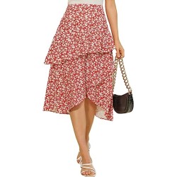 Women's  Boho Floral Print Midi Skirt Elastic High Waist Ruffle Skirts