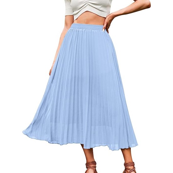 Women's Floral Printed Chiffon Elastic High Waist Pleated Long Maxi Skirt