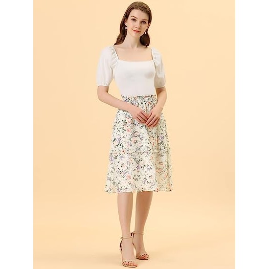 Women's Floral Skirts Smocked Elastic Waist Skirt