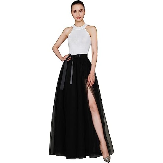 Long Floor Length Wedding Evening Party Prom Tulle Skirt with Slit