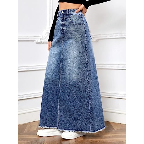 Women's Casual Raw Hem High Waist Jean Skirt