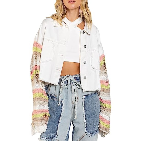 Womens Rainbow Sweater Sleeve Crop Denim Jacket