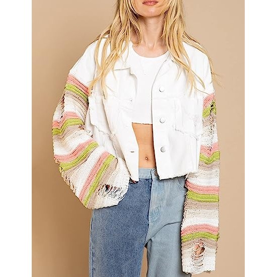 Womens Rainbow Sweater Sleeve Crop Denim Jacket