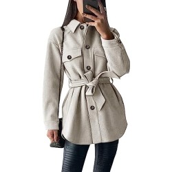 Lapel Button Down Peacoat Belted Outwear Casual Jackets